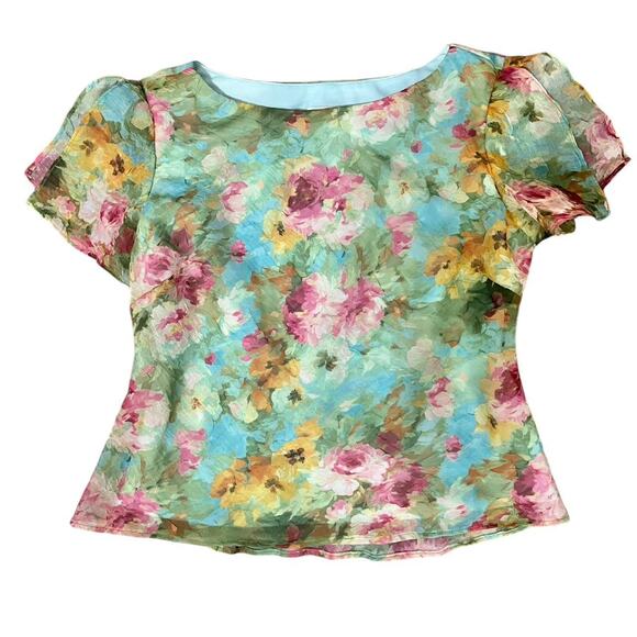 VTG K Petite Collections Floral Watercolor Flutter Sleeve Ruffle Edge Blouse 8/S - Picture 1 of 7